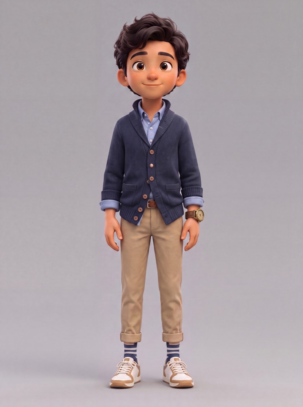 Marcus, a boy in a navy cardigan wearing his grandfather's antique wristwatch
