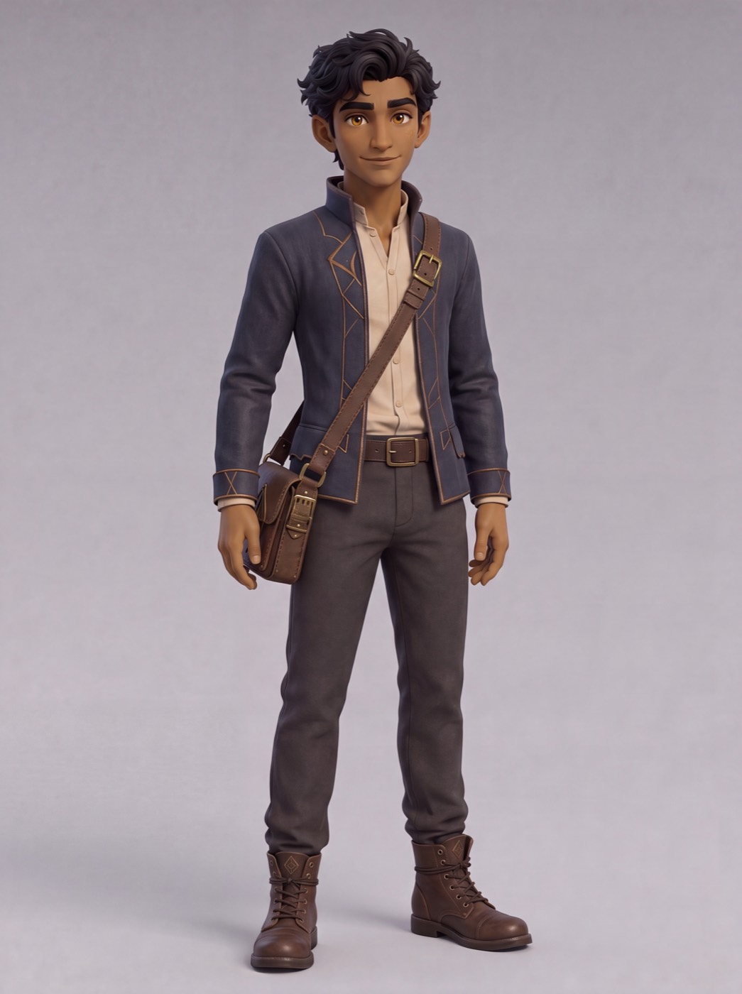 Marlow, a Wayfinder apprentice in a navy jacket with gold linework and a leather map case