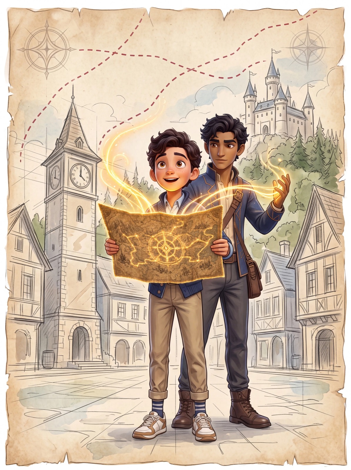 Marcus and Marlow reading the glowing Map of Mysteries in a half-drawn town square