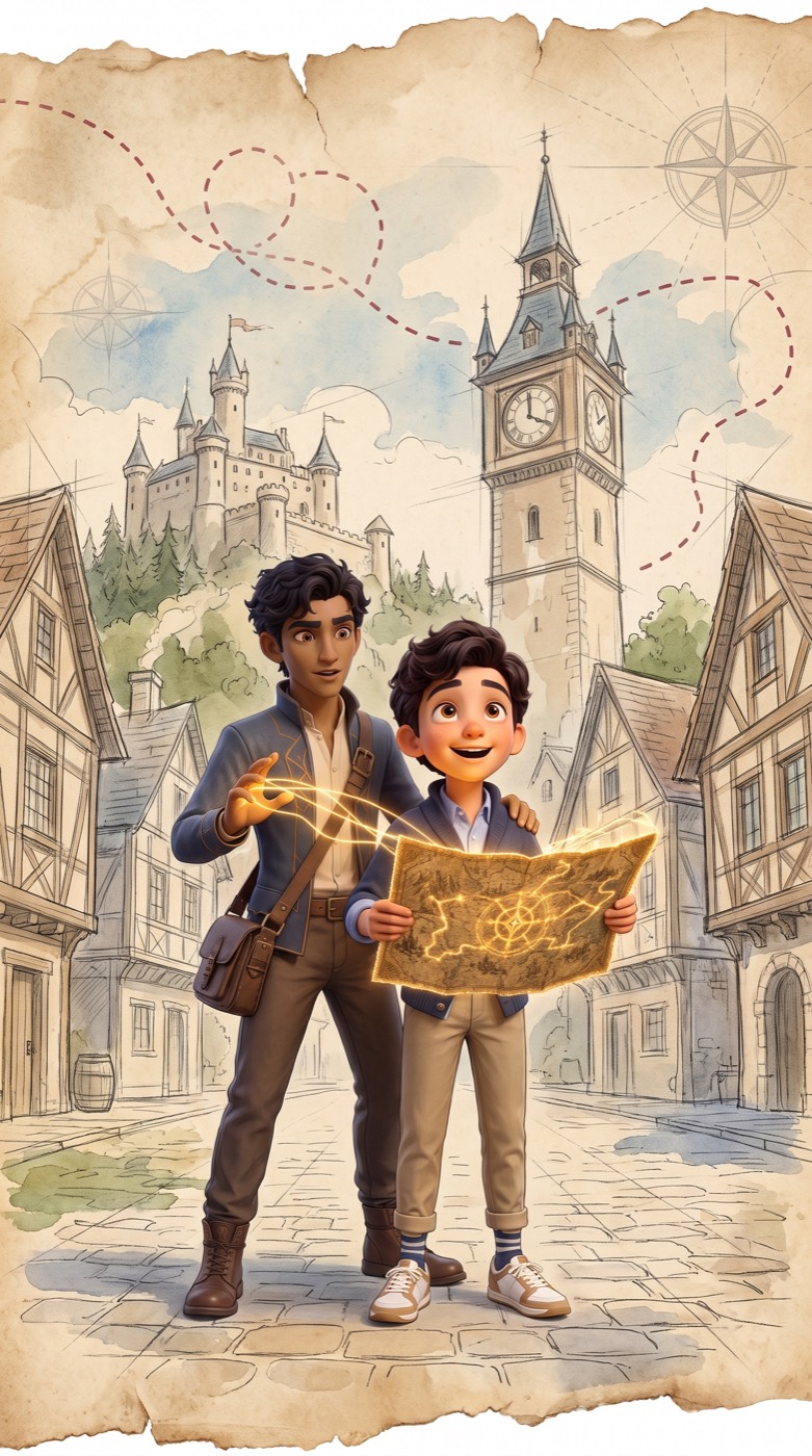 Marcus and Marlow teaser — Marcus holds the glowing Map of Mysteries as Marlow guards his shoulder